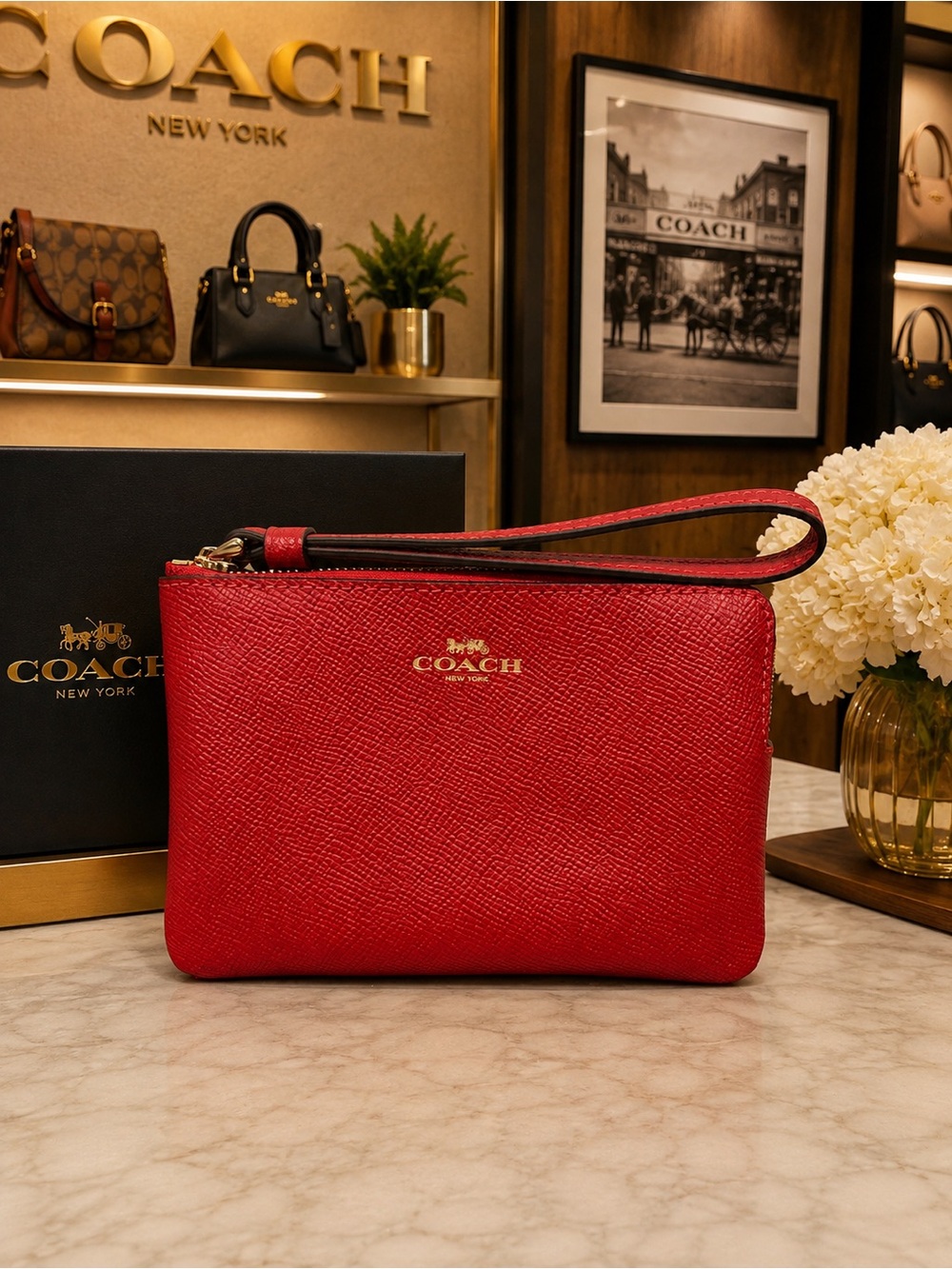 Coach Corner Zip Wristlet 1941 Red Crossgrain Leather… - Gem